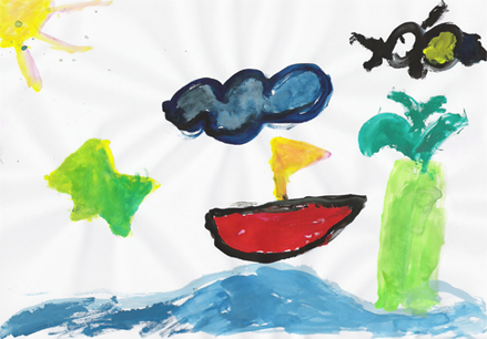 "Kako lepa slika!" je dejal Kakadudu in se hitro spomnil, kako s Pepetom plujeta v velikih valovih, na koncu pa se praznih rok vrneta domov. Narisala: Živa